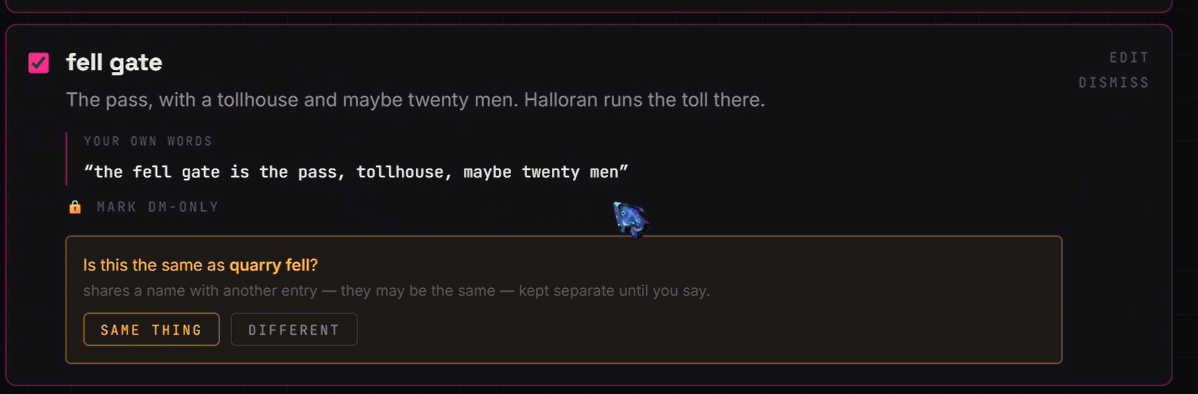 A single proposed entry with its source quote, a DM-only toggle, and a prompt asking whether two similarly named places are the same